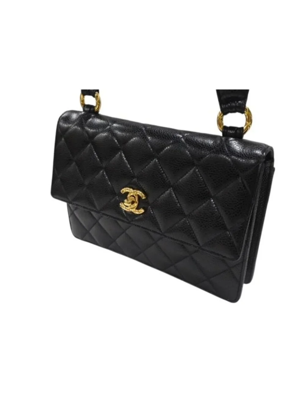 Chanel Bag Caviar Leather CC Logo Black Vintage Gold